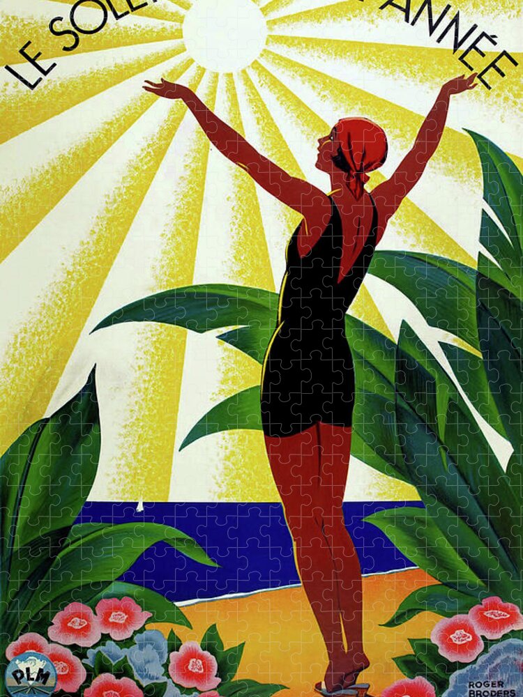 VINTAGE FRENCH RIVIERA WOMAN AT THE BEACH TRAVEL AD POSTER ART REAL CANVAS PRINT